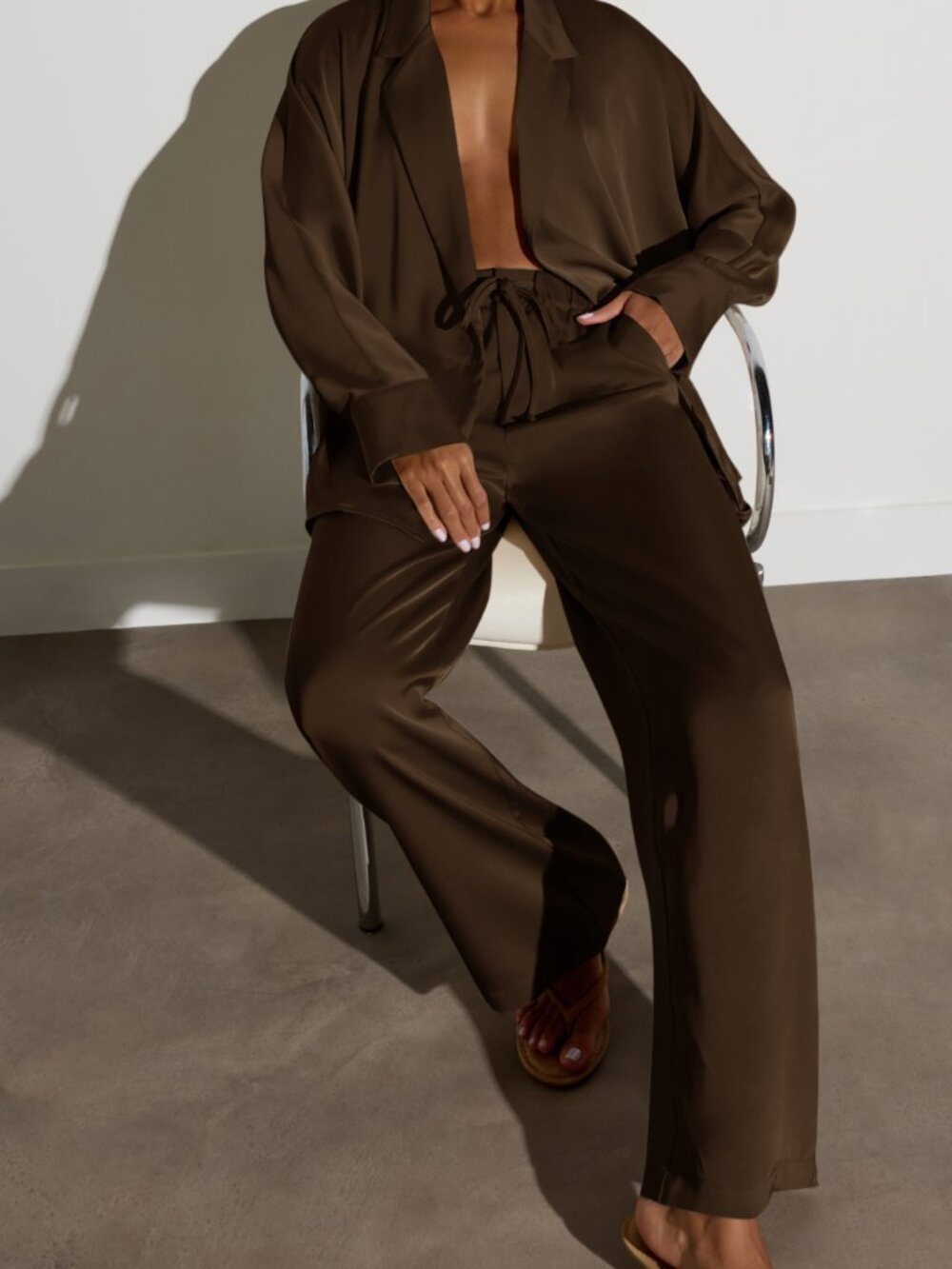 Chocolate Brown Elegant Women's High Waist Wide Leg Palazzo Trousers Fluid - Picture 3 of 6